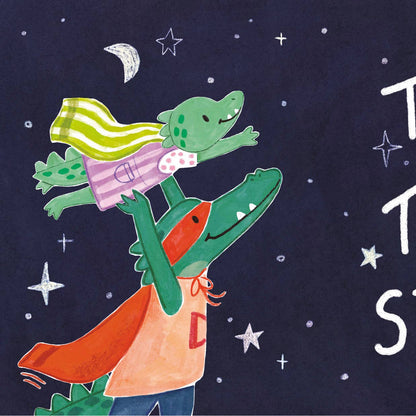 Illustration of two children on alligator back with 'To the Stars!' text against a starry night sky.