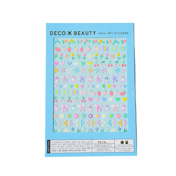 Packaging of Deco Beauty nail art stickers with colorful designs on a light blue background