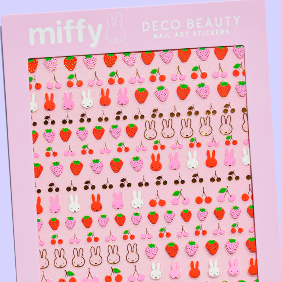 Packaging of Deco Beauty miffy nail art stickers with cartoon characters on a pink background.