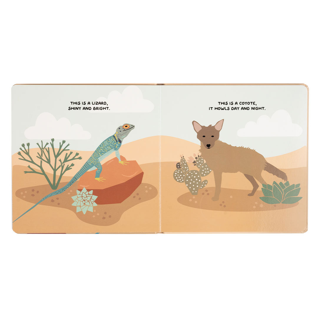 an excerpt from the book "desert friends" - this is a lizard, shiny and bright. this is a coyote, it howls day and night.