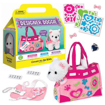 designer doggie tote with a puppy inside and accessories