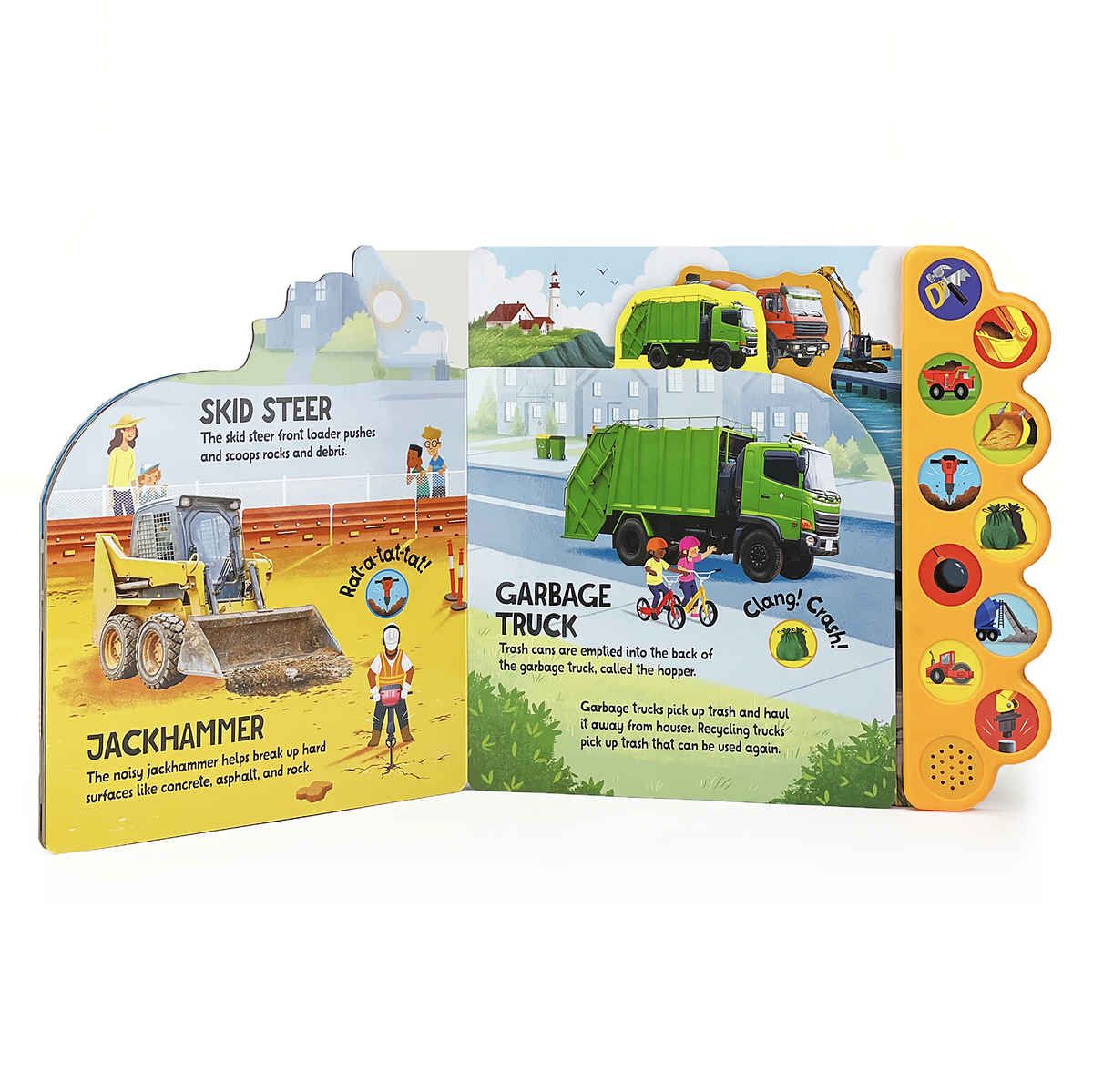 Children's book about construction vehicles with illustrations and text on a white background
