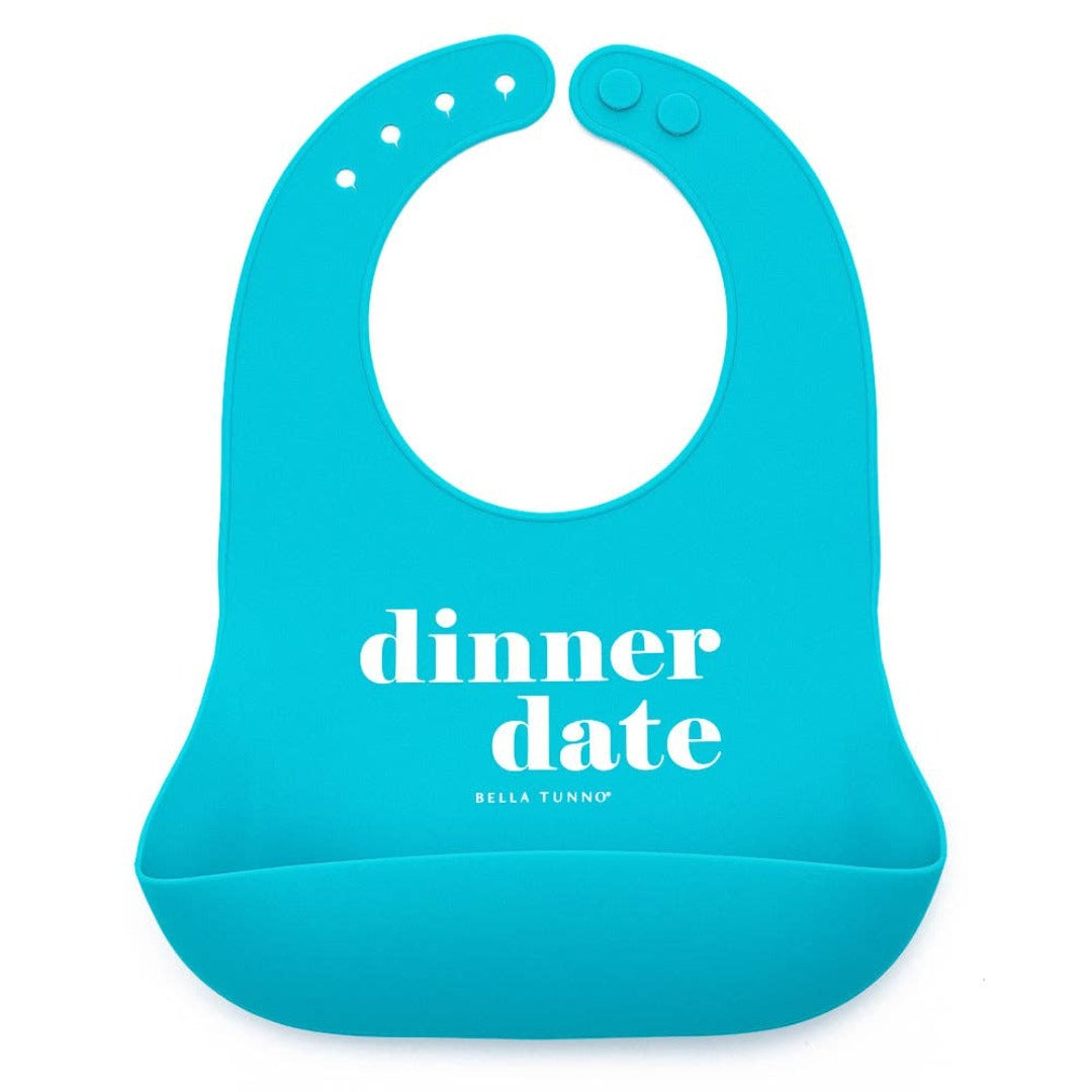 blue silicone baby bib with dinner date written in white