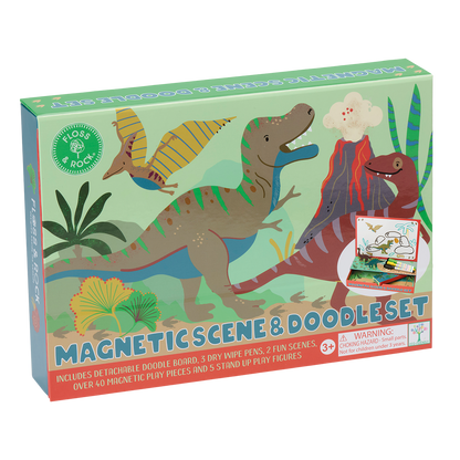 Box of a magnetic scene and doodle set with dinosaur illustrations on a white background