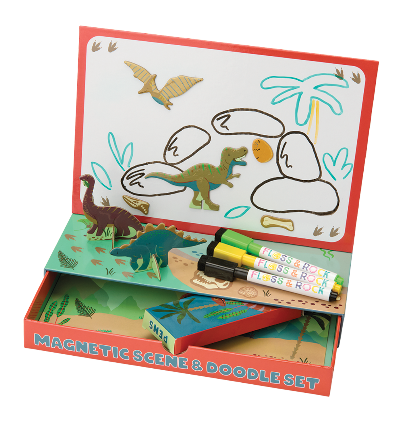Magnetic scene and doodle set with dinosaur figures and markers on a white background
