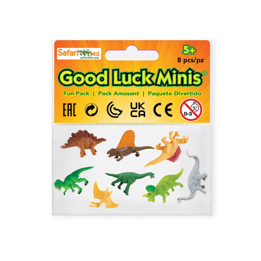 Good Luck Minis dinosaur figurines packaging with Safari Ltd logo on a white background