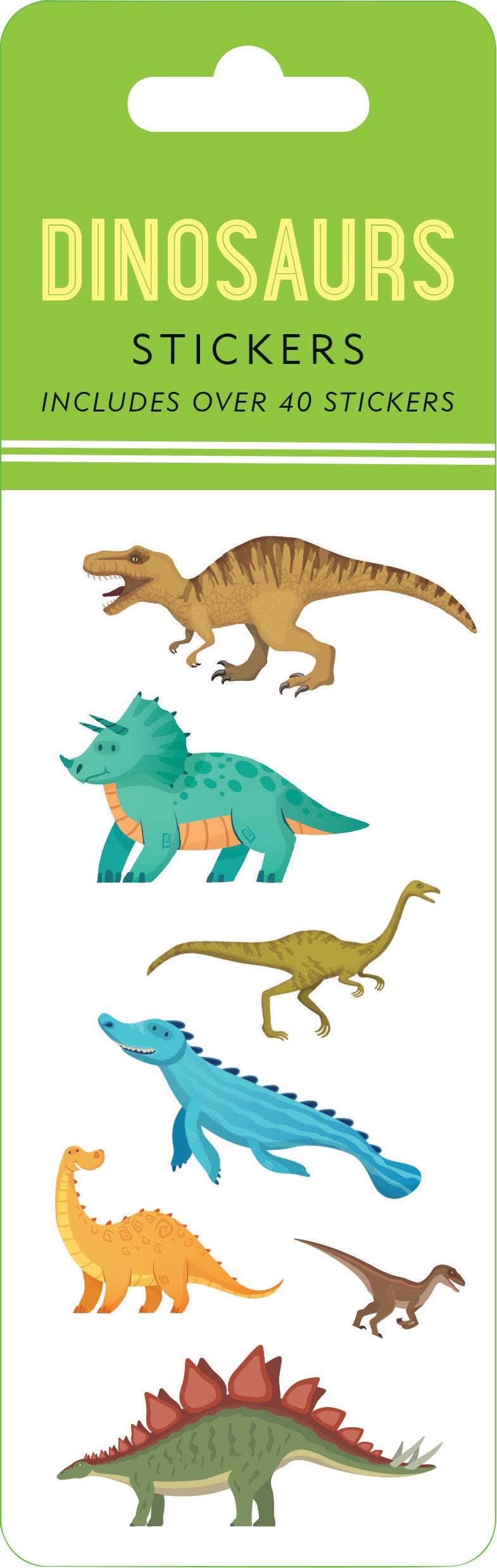 Pack of dinosaur stickers with colorful illustrations on a green label.