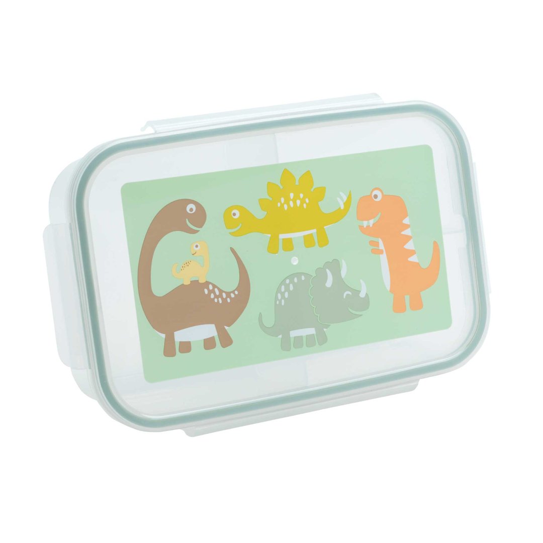 bento lunch box with 4 dinosaurs on the lid