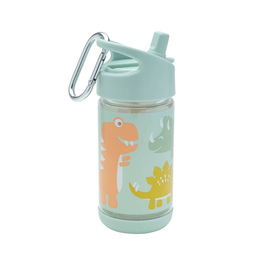 dinosaur themed kids cup with sipping spout and carabiner to attach it to your bag