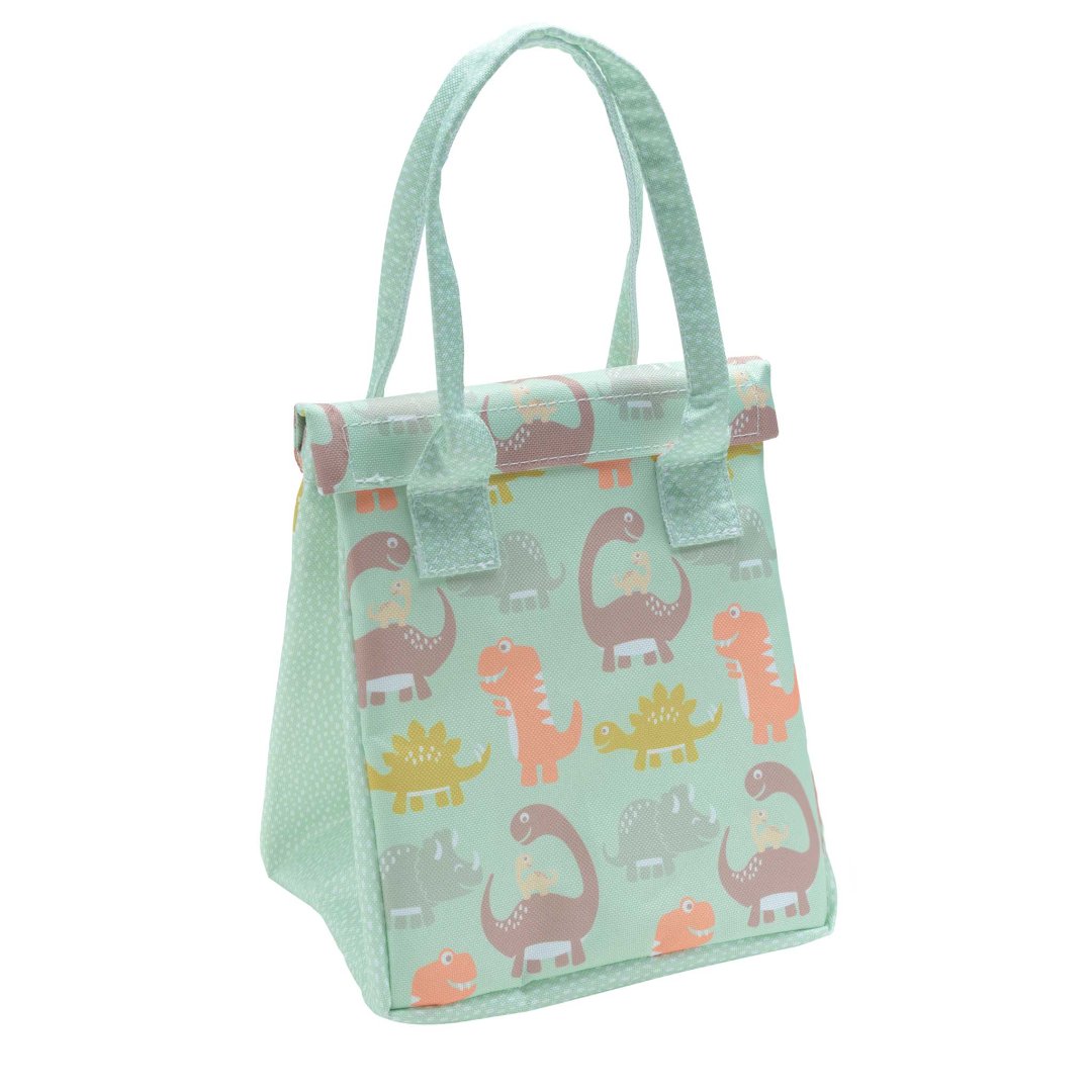 green lunch tote with handles and images of dinosaurs on the front