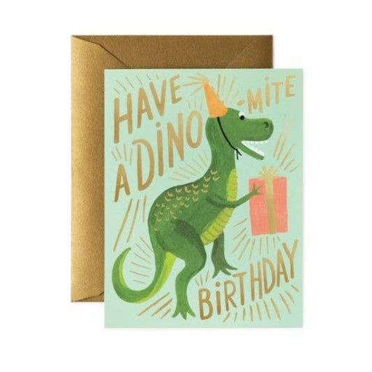 birthday card with a dinosaur on the front that says have a dino-mite birthday