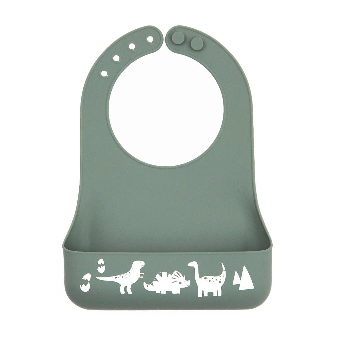 dark green silicone baby bib with white dinosaurs along the bottom edge