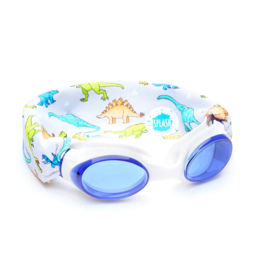 blue goggles with a thick fabric back strap  that has dinosaurs on it