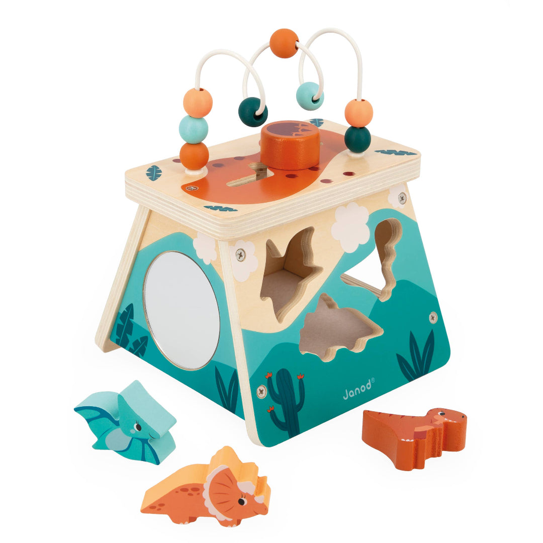 volcano shaped wooden learning toy with multiple activities including a shape sorter and bead maze on top