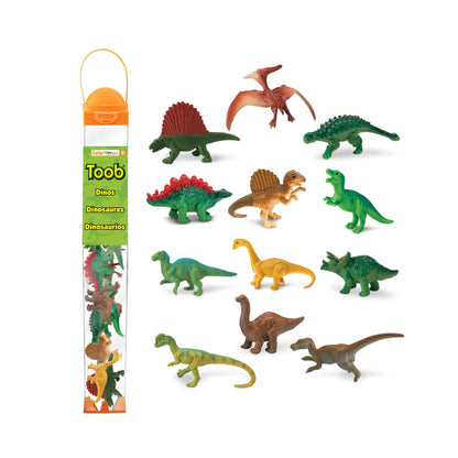 Set of colorful dinosaur figurines with a Toob packaging on a white background
