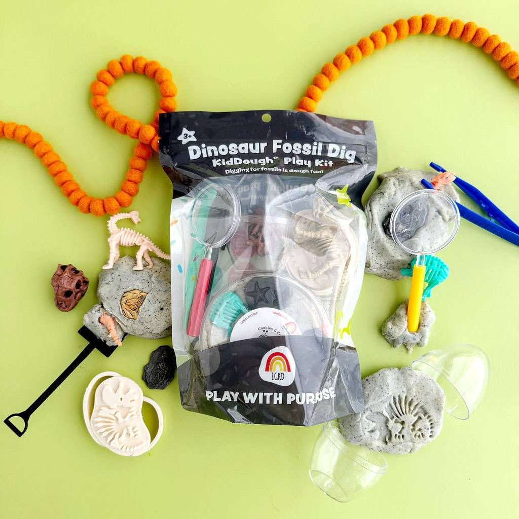 Dinosaur fossil dig play kit with tools on a green background