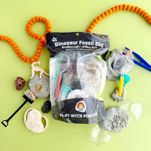 Dinosaur fossil dig play kit with tools on a green background