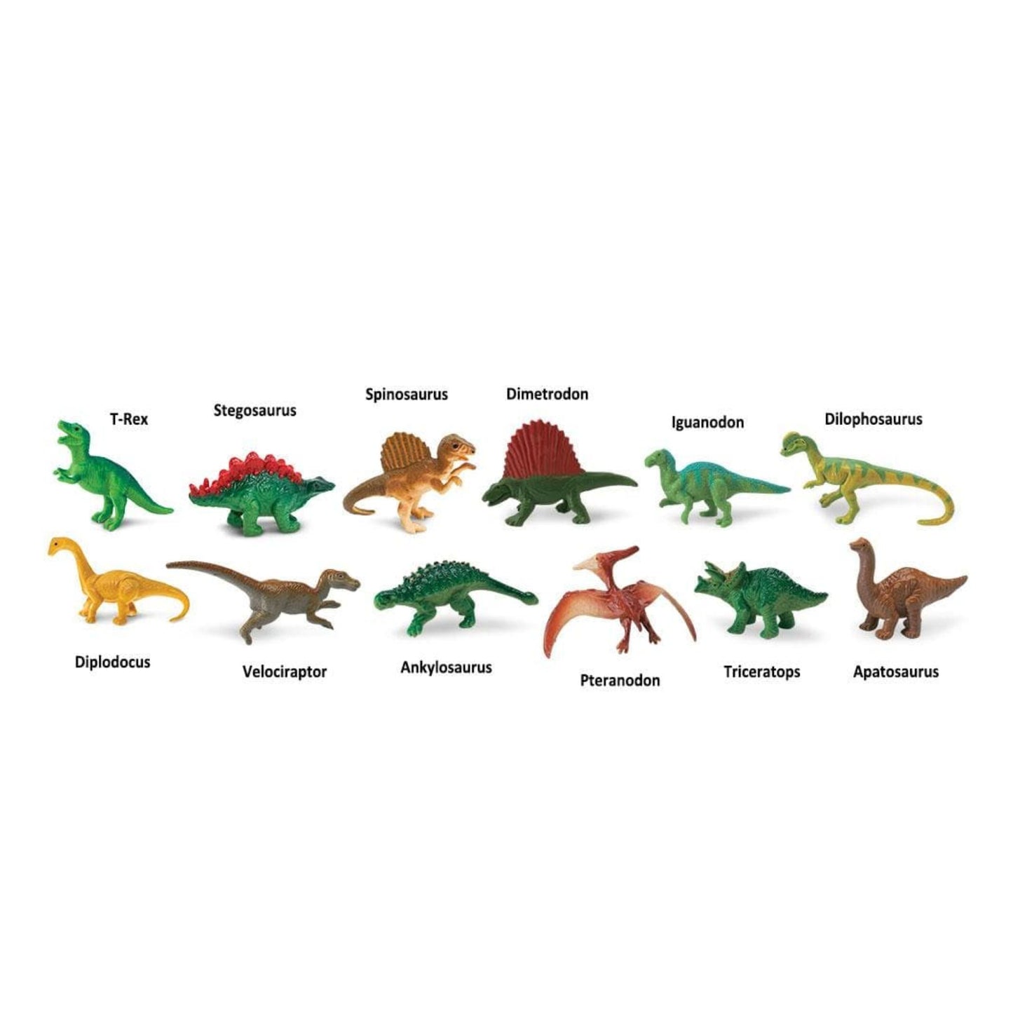Set of toy dinosaur figures with names on a white background