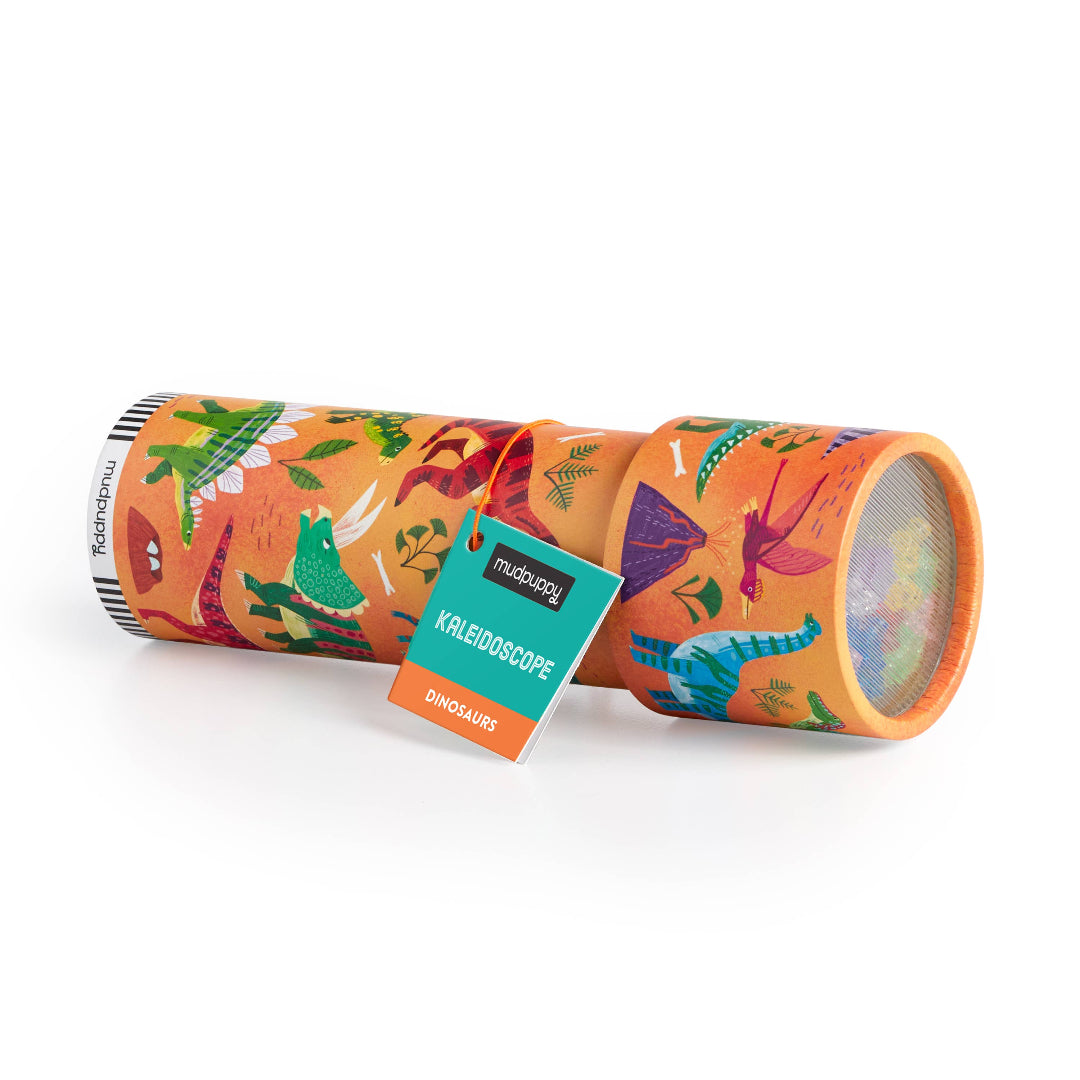 Colorful cylindrical kaleidoscope with dinosaur design on a white background