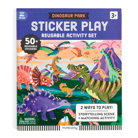 Dinosaur-themed sticker play set packaging with colorful dinosaurs on a blue background