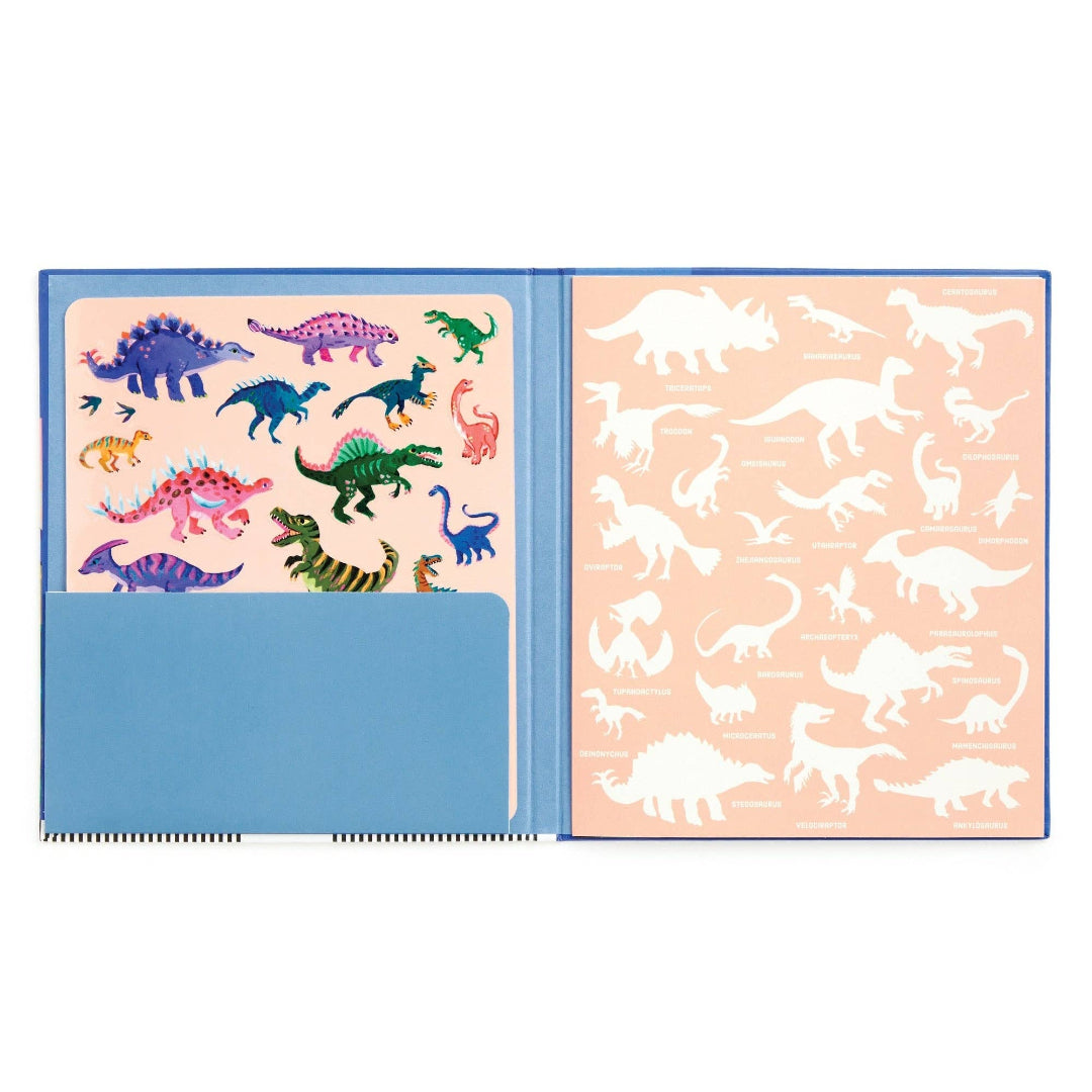 Children's book with dinosaur illustrations on a white background