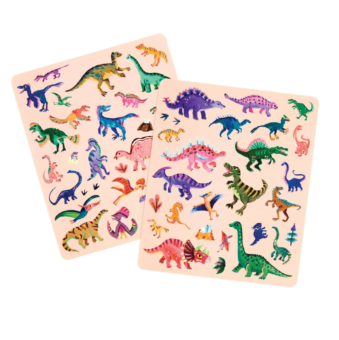 Two sheets of colorful dinosaur stickers on a white background