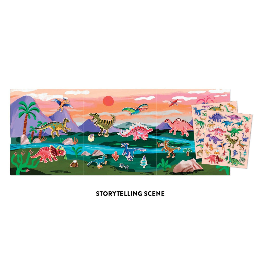 Storytelling scene with dinosaur illustrations and a set of stickers on a white background.