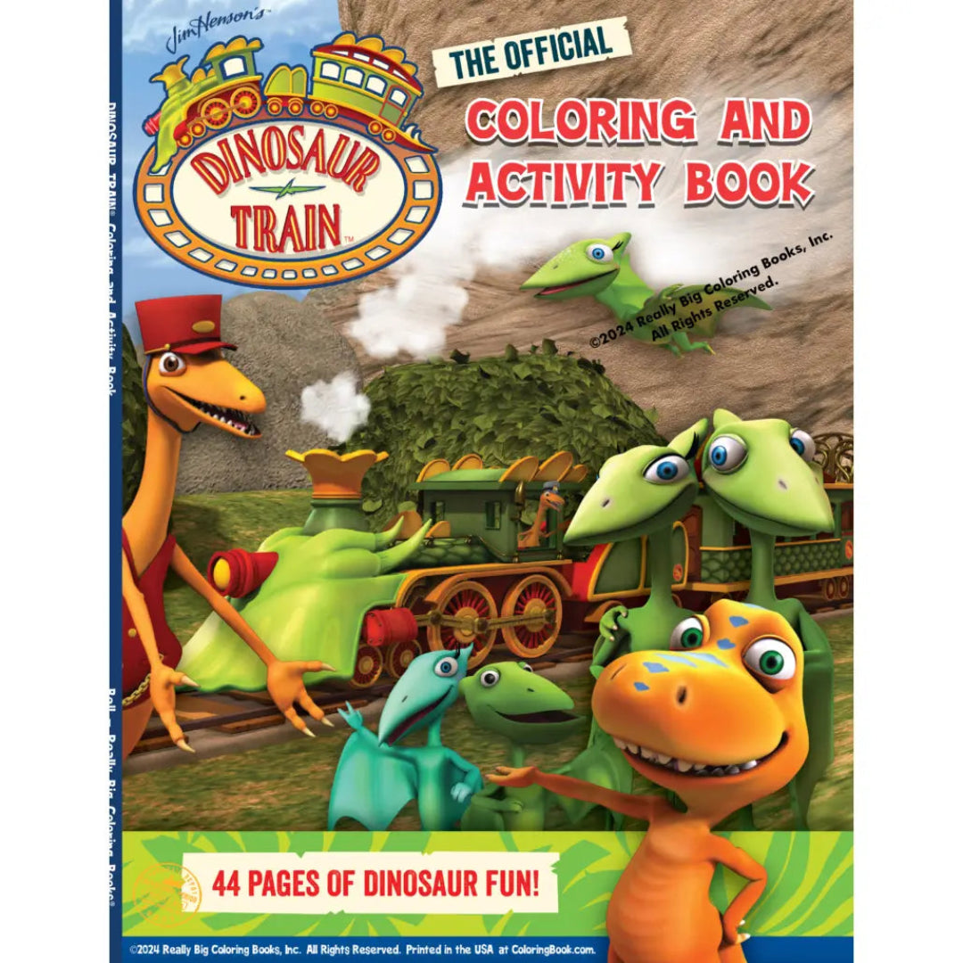 Jim Henson's Dinosaur Train themed coloring book. It shows a bunch of dinosaurs standing off to the side of a train on the side of a mountain