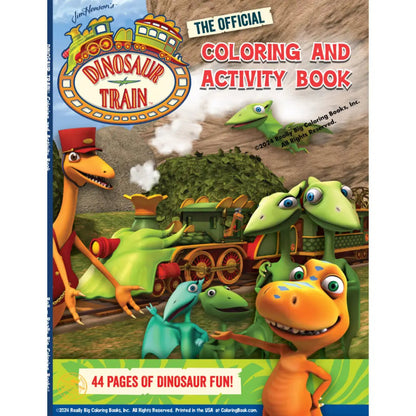 Jim Henson's Dinosaur Train themed coloring book. It shows a bunch of dinosaurs standing off to the side of a train on the side of a mountain