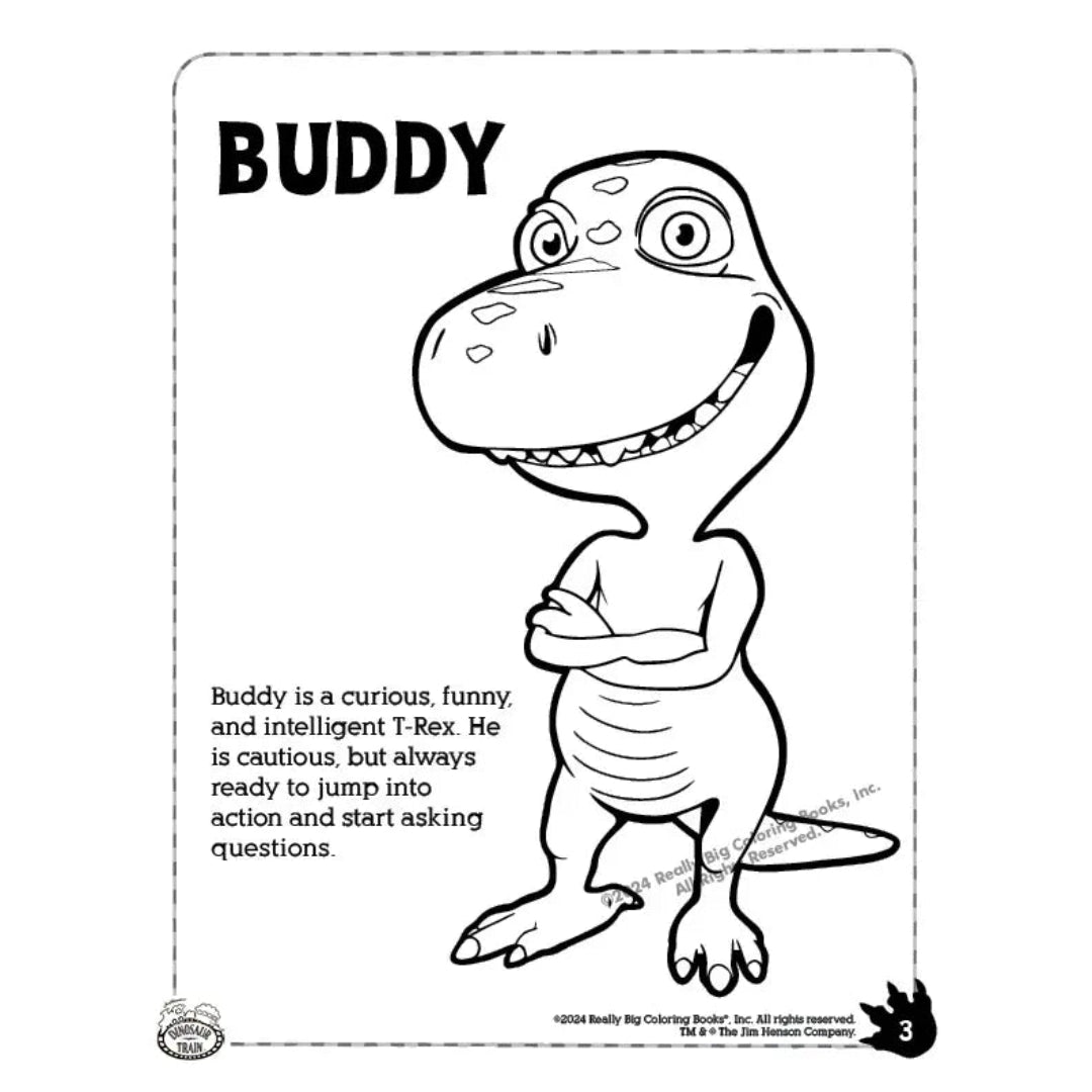 A black coloring page with Buddy the Dinosaur on it