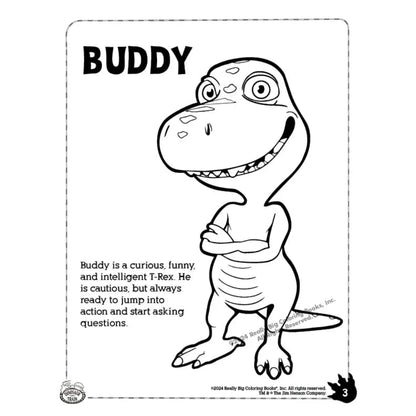 A black coloring page with Buddy the Dinosaur on it