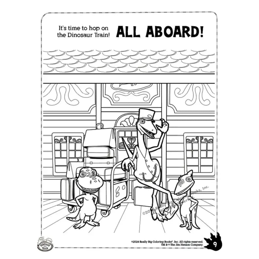 The dinosaur train conductor with Buddy the dinosaur and a friend posing outside the train station