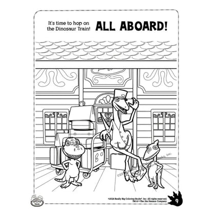 The dinosaur train conductor with Buddy the dinosaur and a friend posing outside the train station