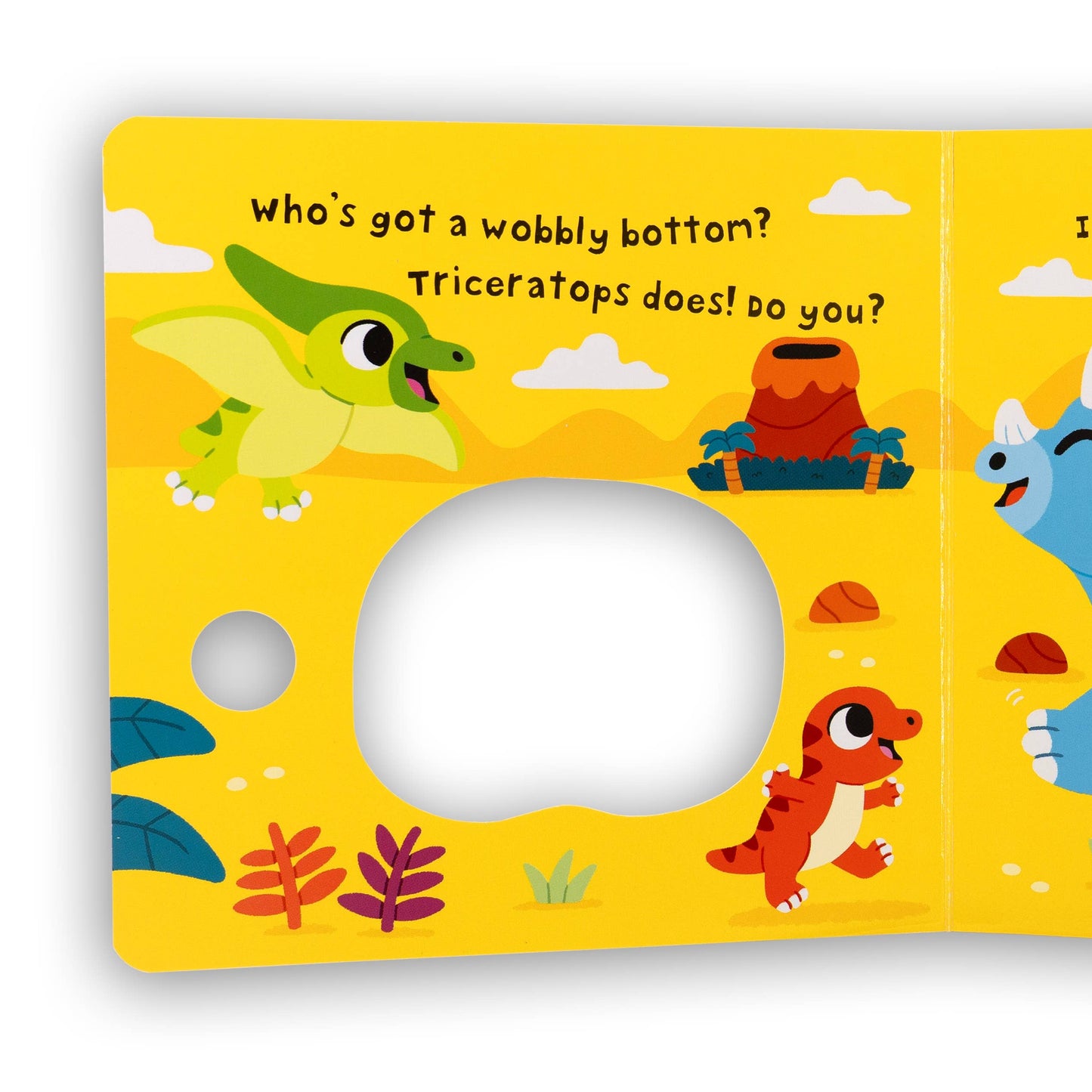 Children's book with dinosaur illustrations on a yellow background