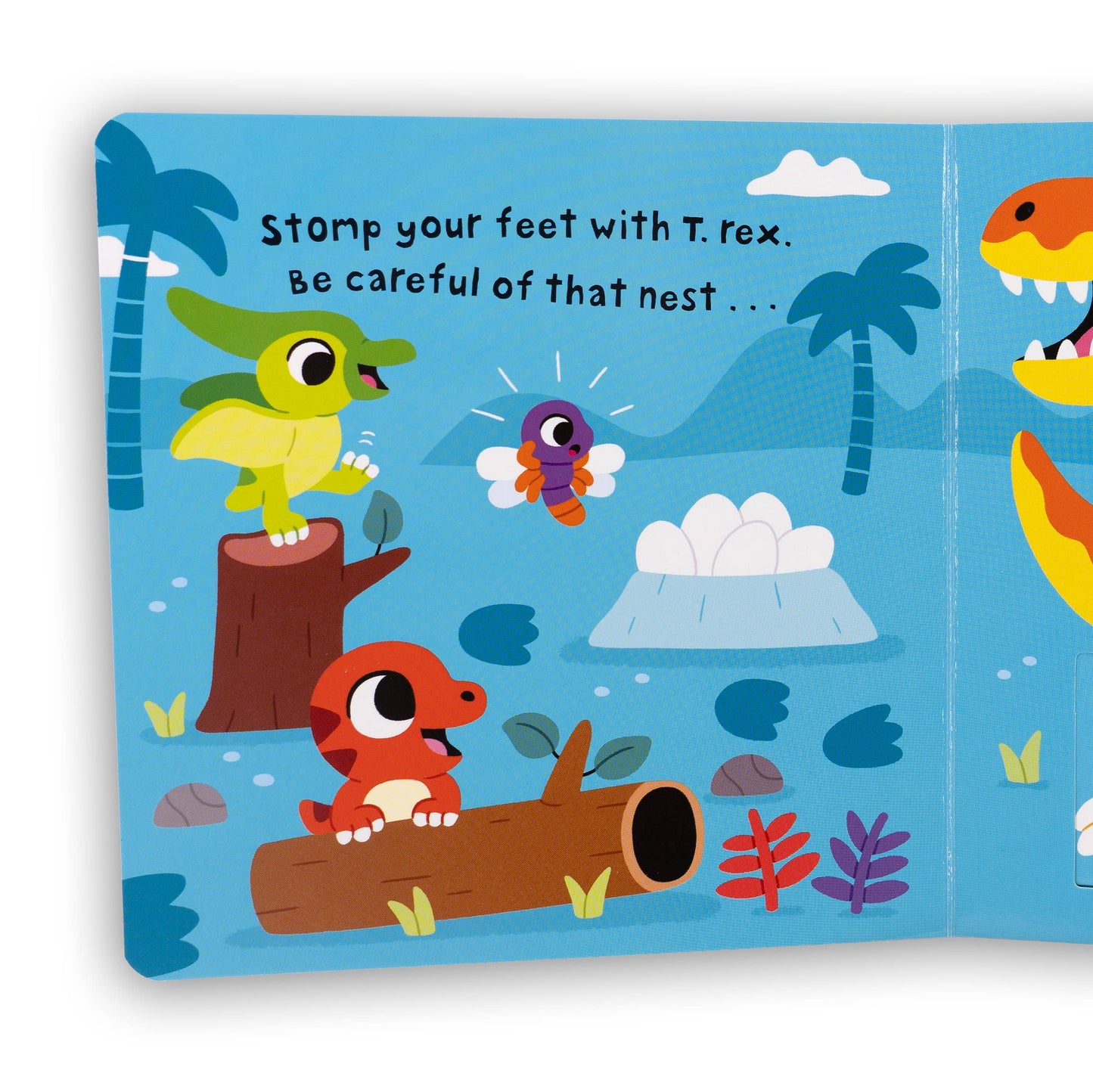 Children's book page with a cartoon T. rex and other dinosaurs on a blue background