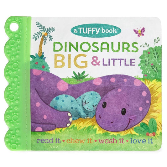 baby book with dinosaurs on the front cover with a teether