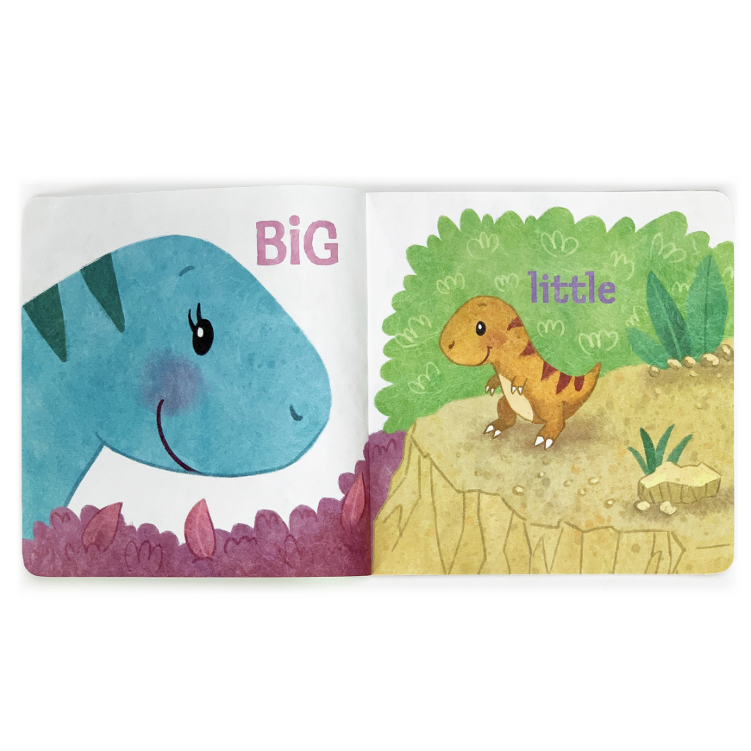 inside pages of baby book with a big dinosaur and a little dinosaur