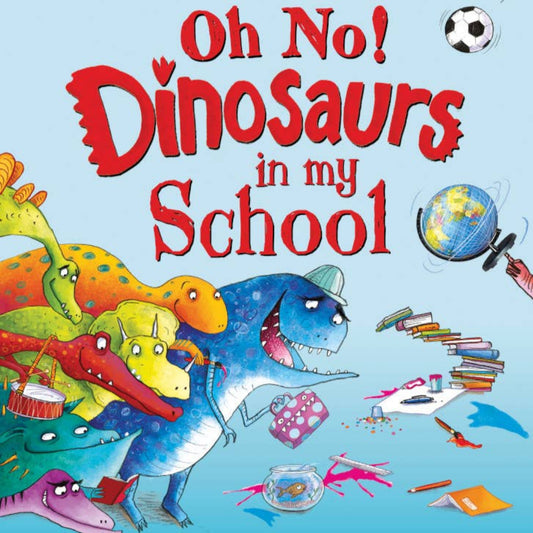 a hardcover book with a bunch of dinosaurs in a school on the covers