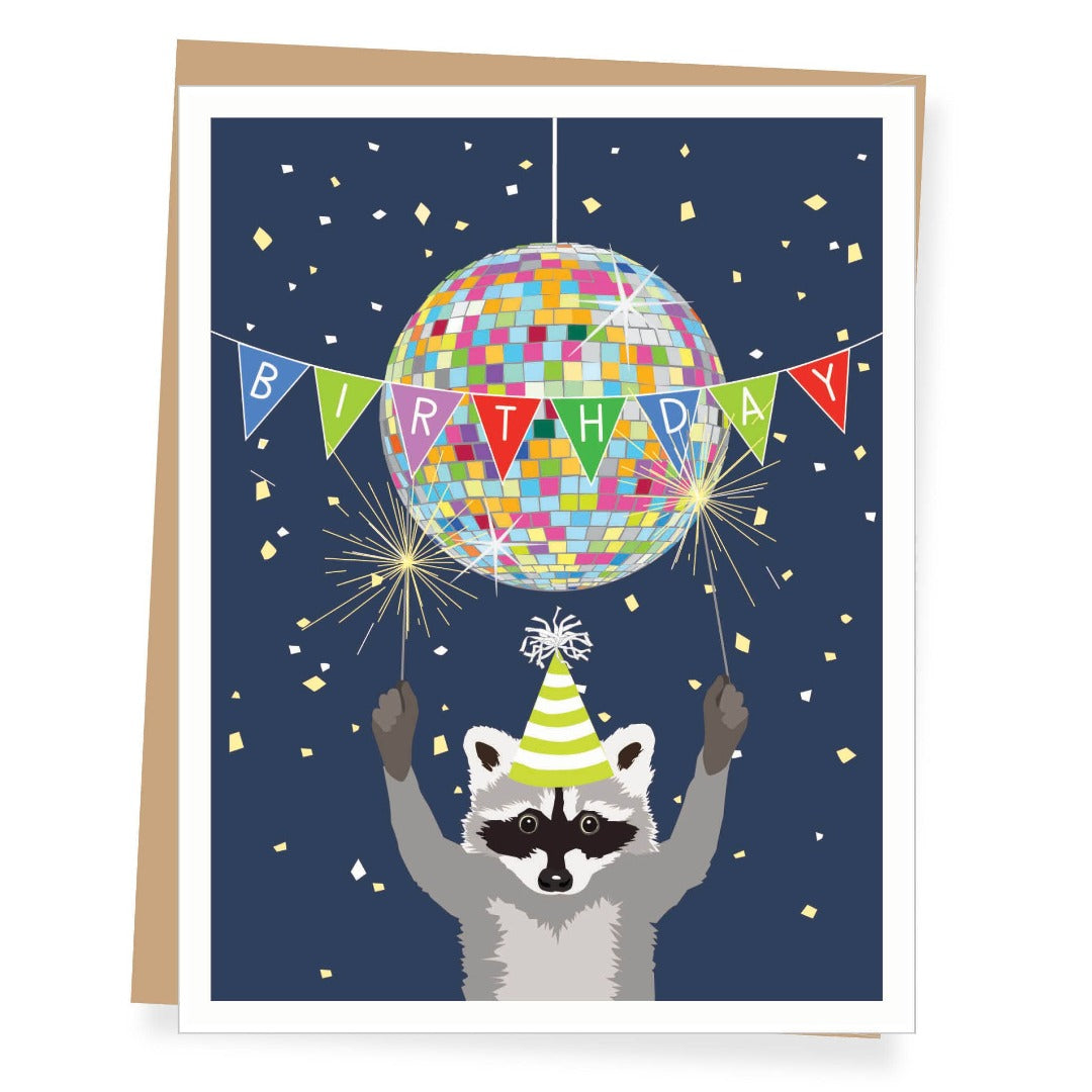 Blue birthday card with a multi-colored disco ball, raccoon in party hat, and banner that says BIRTHDAY