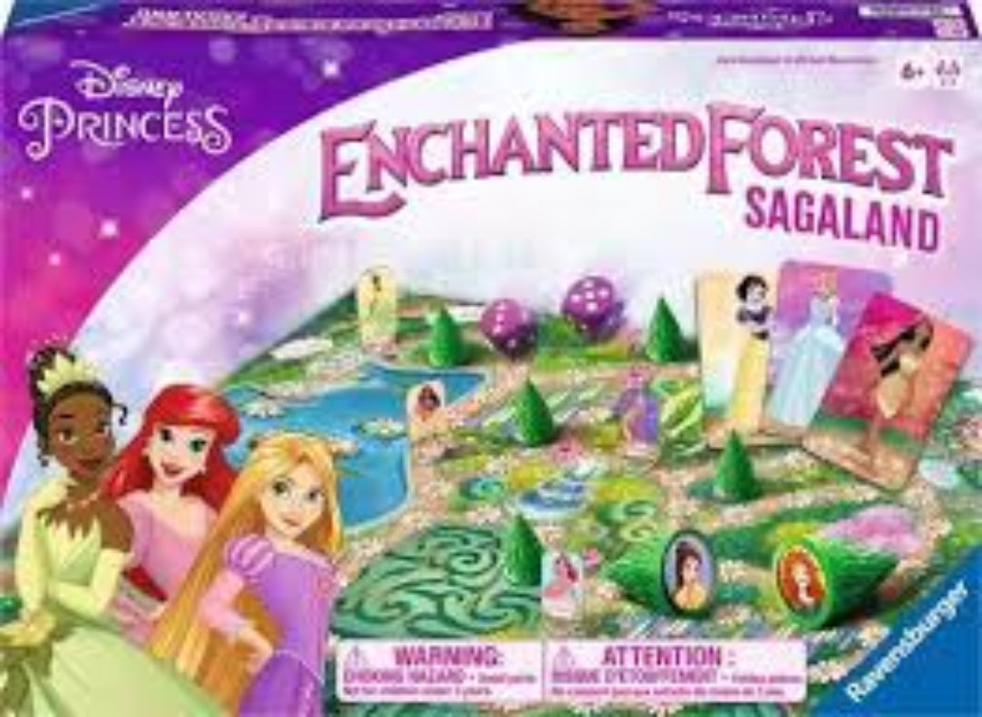 Princess-themed board game box with colorful graphics and character illustrations on a white background.