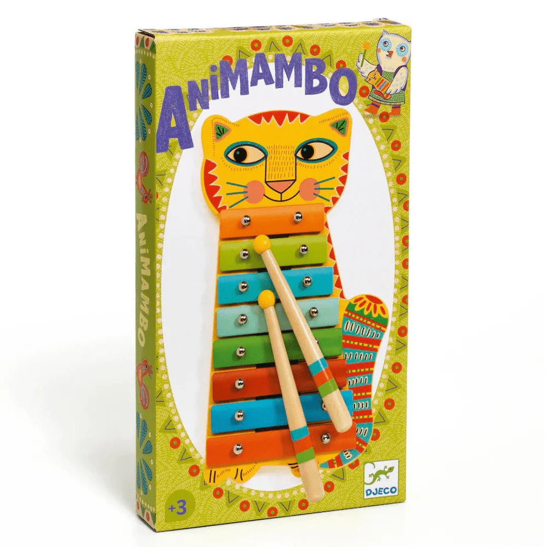 Colorful packaging of Animambo xylophone toy with cartoon cat design.
