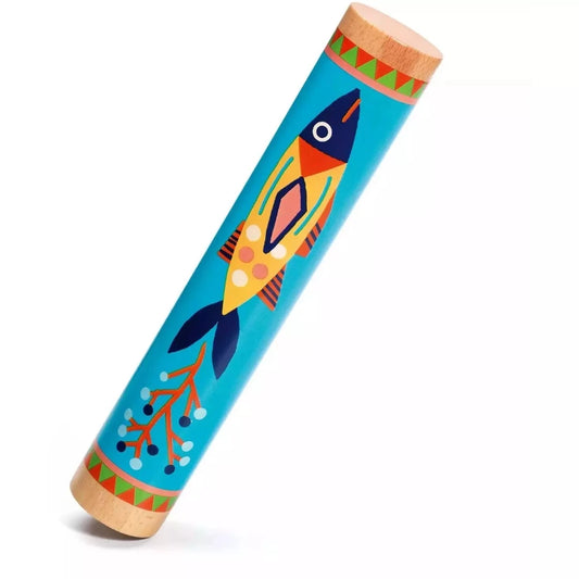 A wooden musical rainstick with a colorful fish pattern on it.