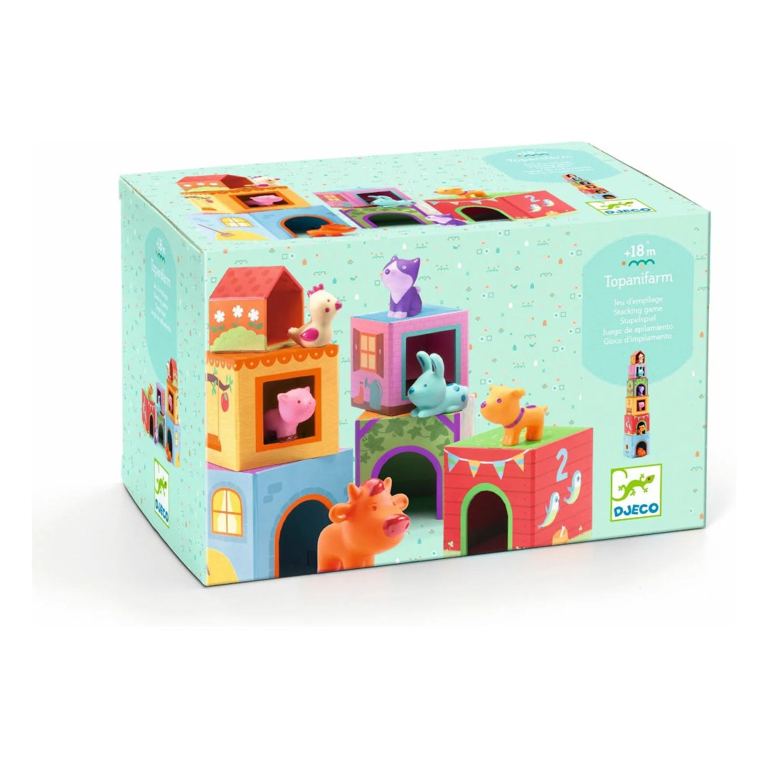 Colorful toy packaging with cartoon animals on a white background