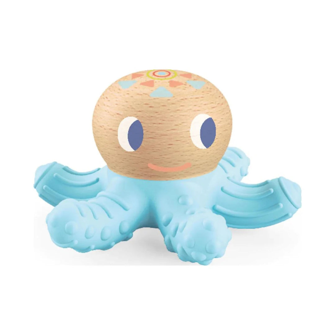 Blue octopus toy with a wooden head on a white background