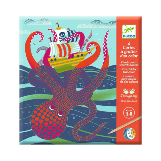 Packaging of Djeco scratch boards with an octopus and ship design on a blue background.