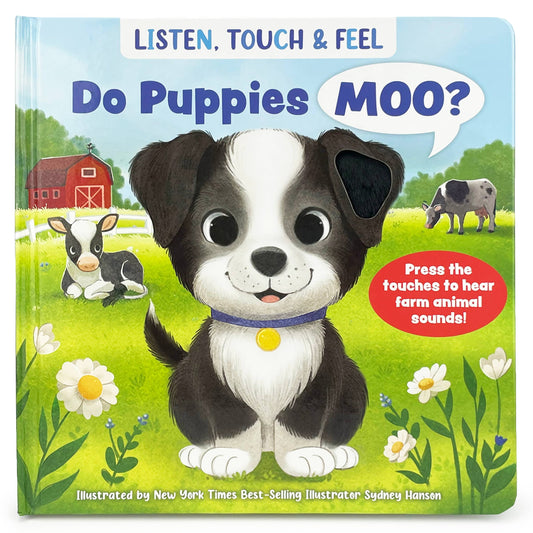 Book cover of 'Do Puppies Moo?' with a cartoon dog and farm animals on a green field background.