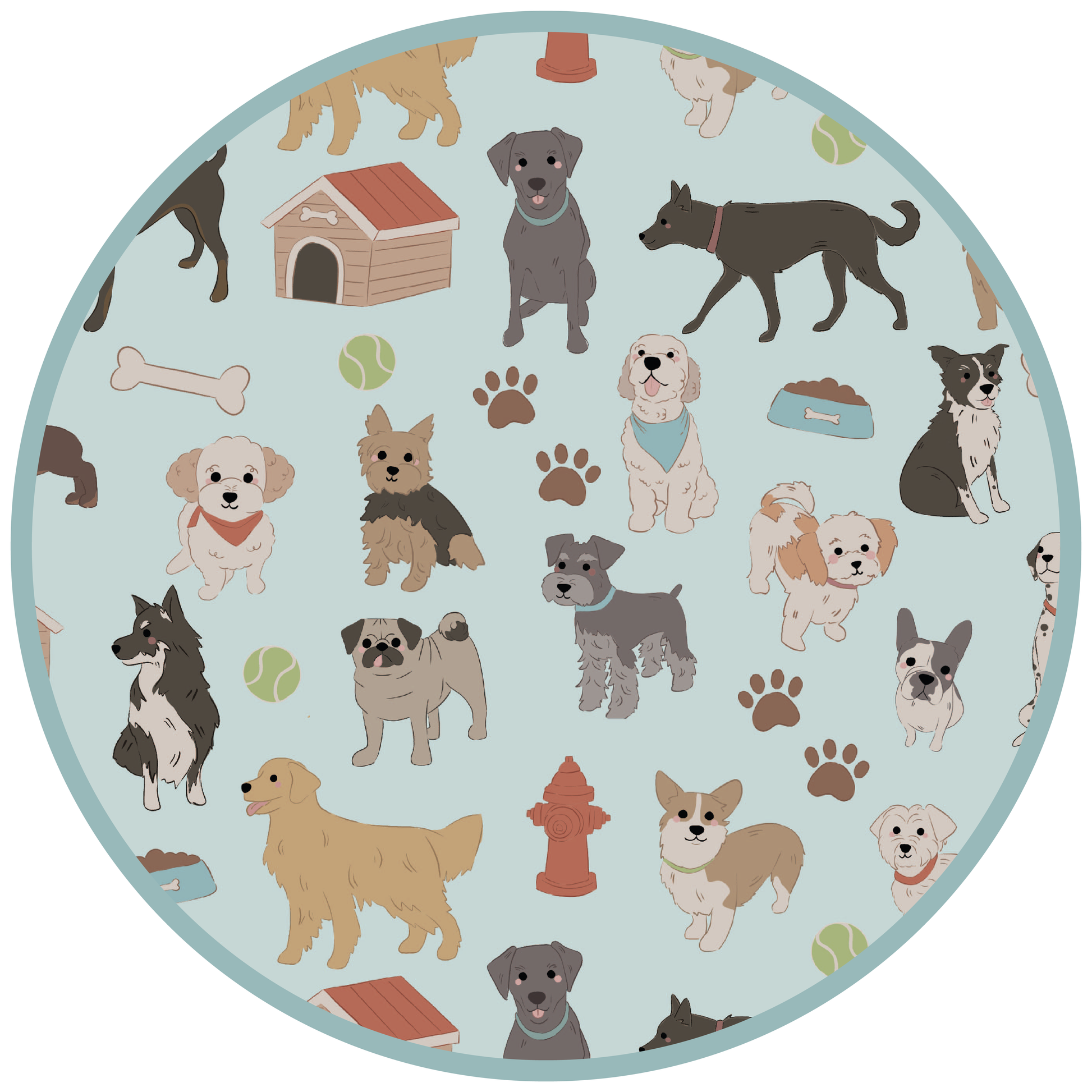 the "dogs bark" print is a mix of various types of dogs, dog houses, dog bones, paw prints, dog food, and tennis balls scattered around a light blue background.