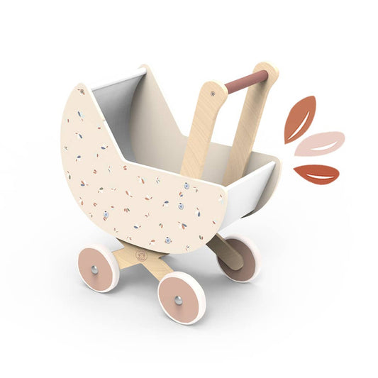 Wooden doll pram that is cream colored with floral painted on the outside
