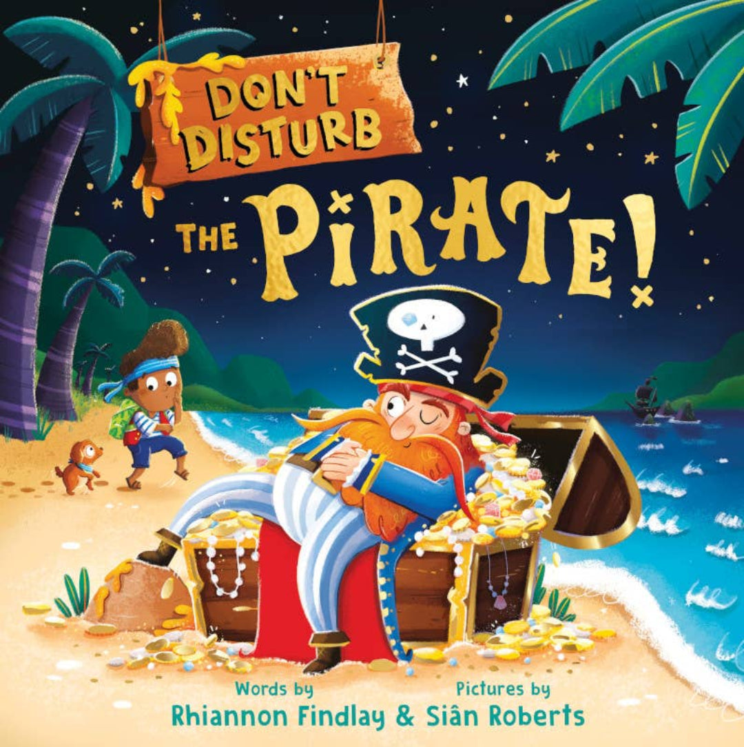 Book cover of 'Don't Disturb the Pirate!' with a pirate and child on a beach.