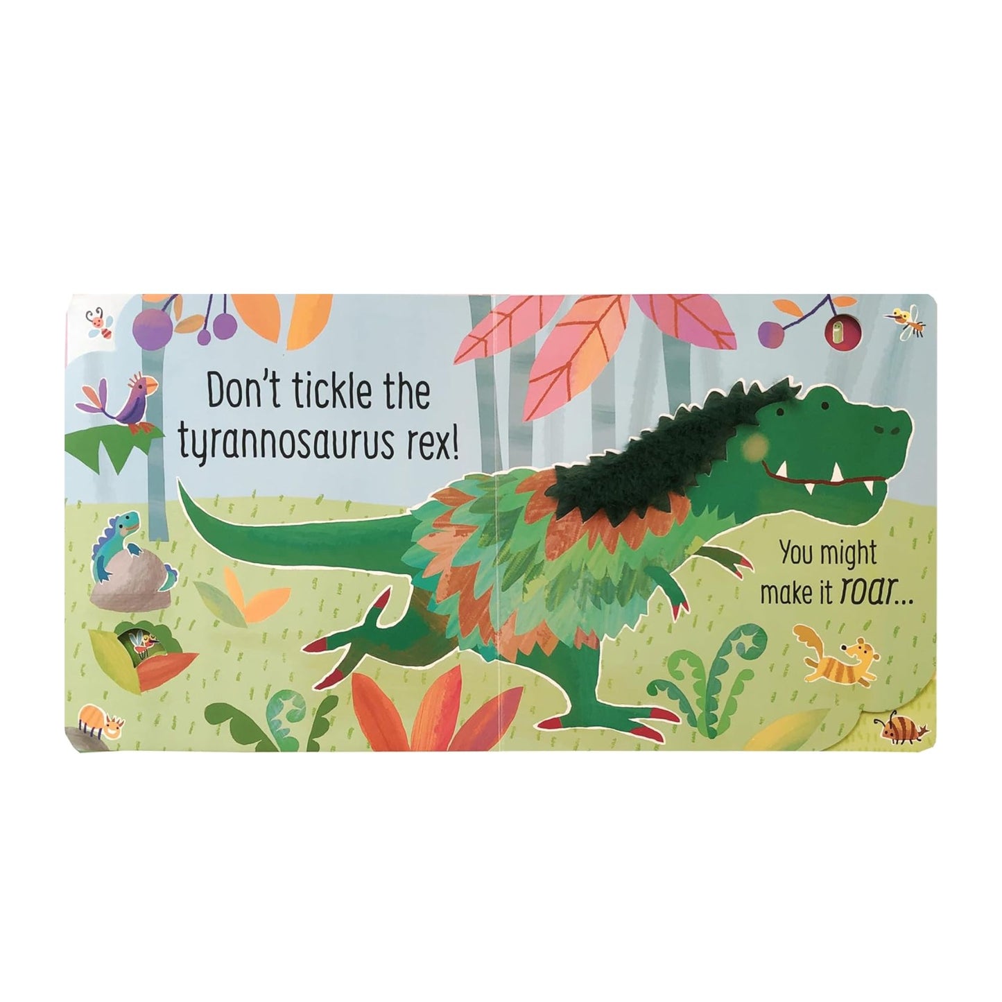 Children's book cover with a dinosaur illustration and text on a white background
